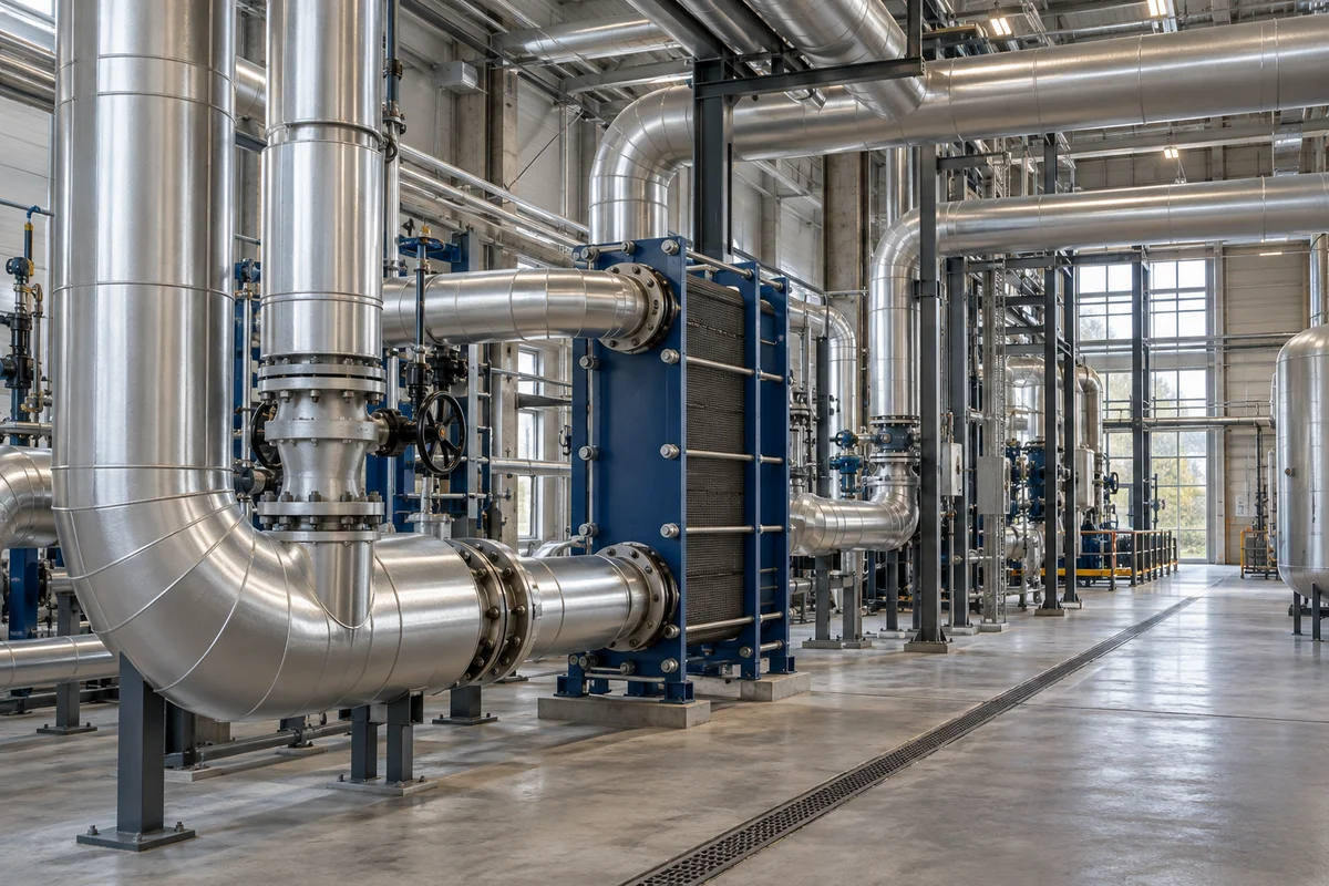 Tuberías aisladas e intercambiador de calor en una instalación industrial genérica; ilustración generada con IA.