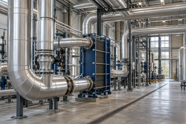 Tuberías aisladas e intercambiador de calor en una instalación industrial genérica; ilustración generada con IA.