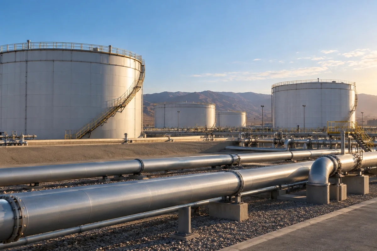Depósitos y tuberías de una terminal petrolera genérica; ilustración generada con IA.