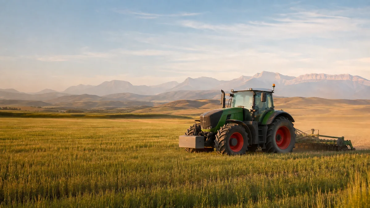 Tractor trabajando en un campo agrícola de Aragón con las montañas al fondo