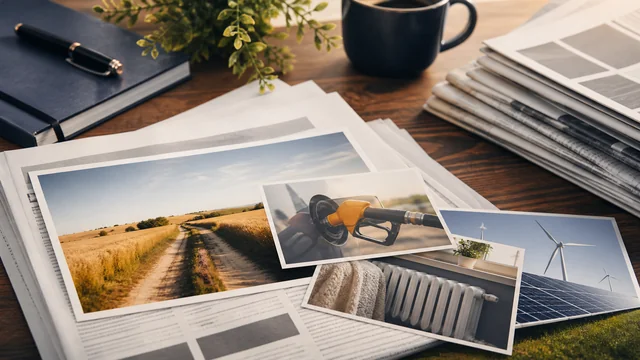 Mesa editorial con fotografías sobre agricultura, carburantes, calefacción y energías renovables