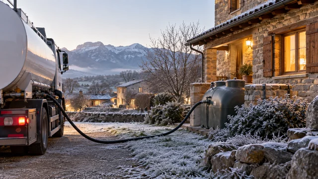 Camión de reparto de gasóleo de calefacción junto a una vivienda en invierno en Huesca