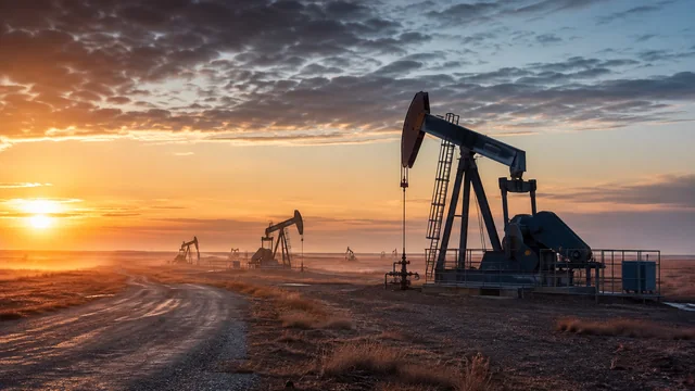 Campo petrolífero con bombas de balancín al amanecer