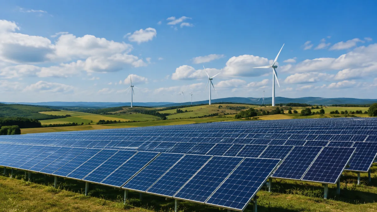 Parque solar y aerogeneradores en un paisaje abierto