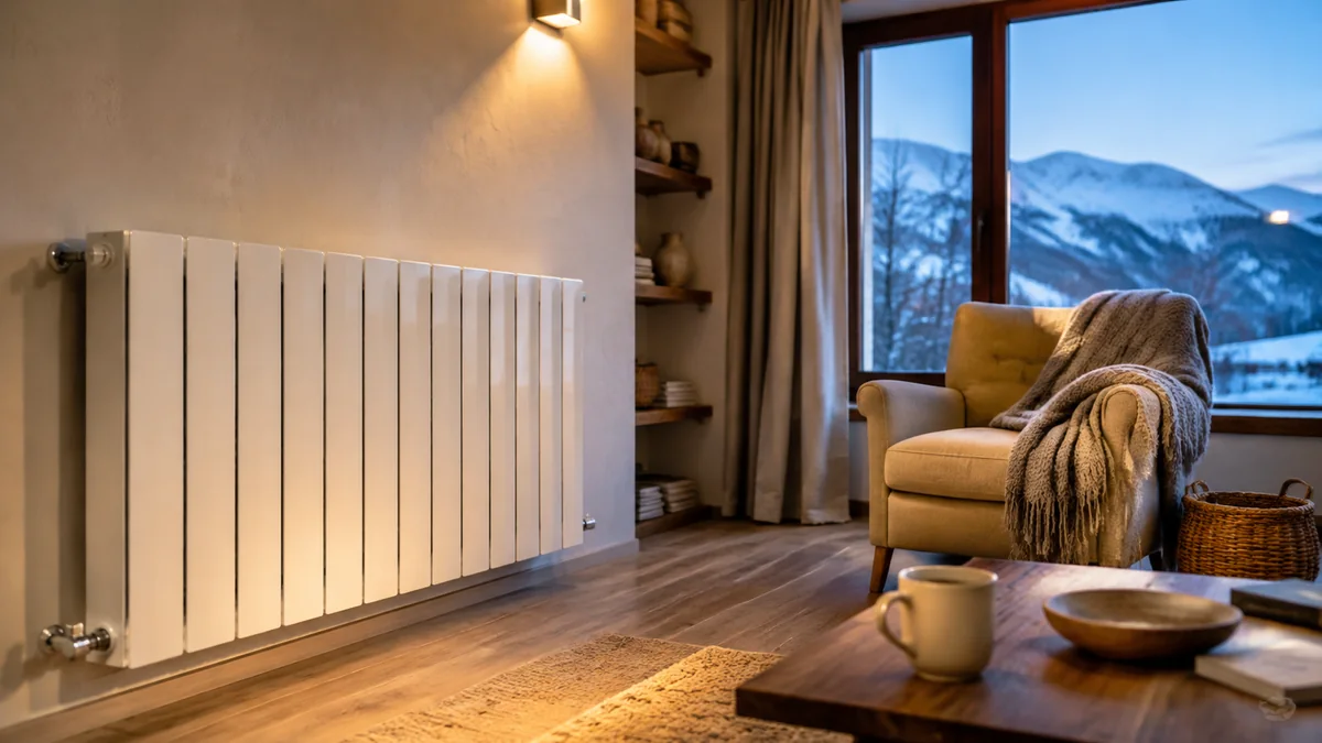 Interior cálido de una vivienda con radiador y montañas nevadas al fondo