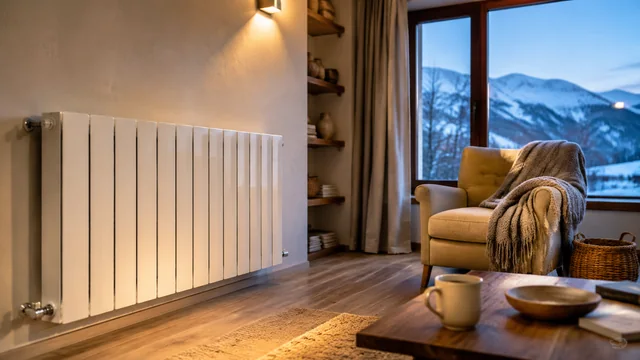 Interior cálido de una vivienda con radiador y montañas nevadas al fondo