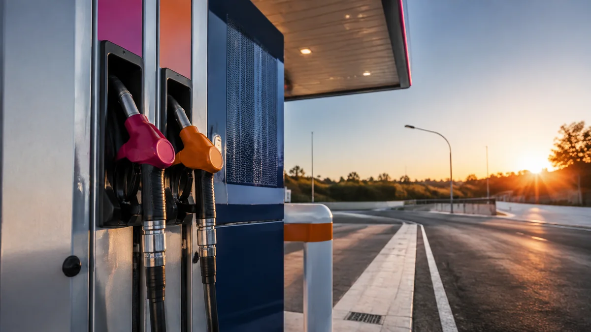 Surtidor moderno con dos boquillas de combustible al amanecer
