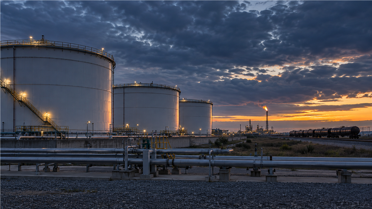 Terminal de almacenamiento de petróleo con depósitos y vagones cisterna al amanecer