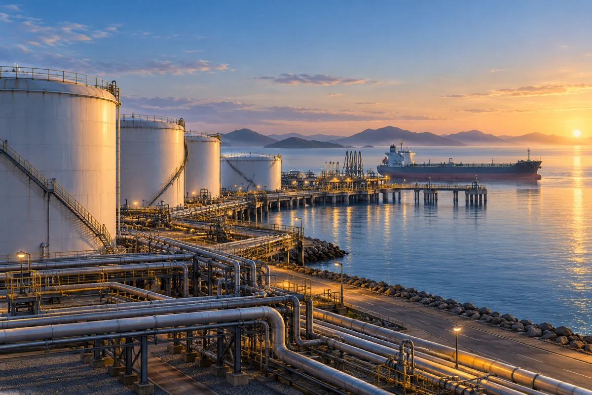 Buque petrolero y depósitos de combustible en un puerto industrial